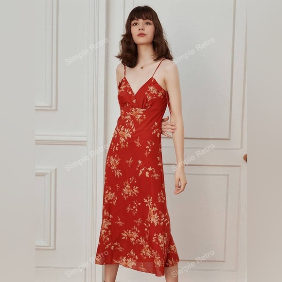 SIMPLE RETRO, size small. TALL burnt orange  STRAPPY MIDI DRESS IN DITSY FLORAL - Picture 2 of 9